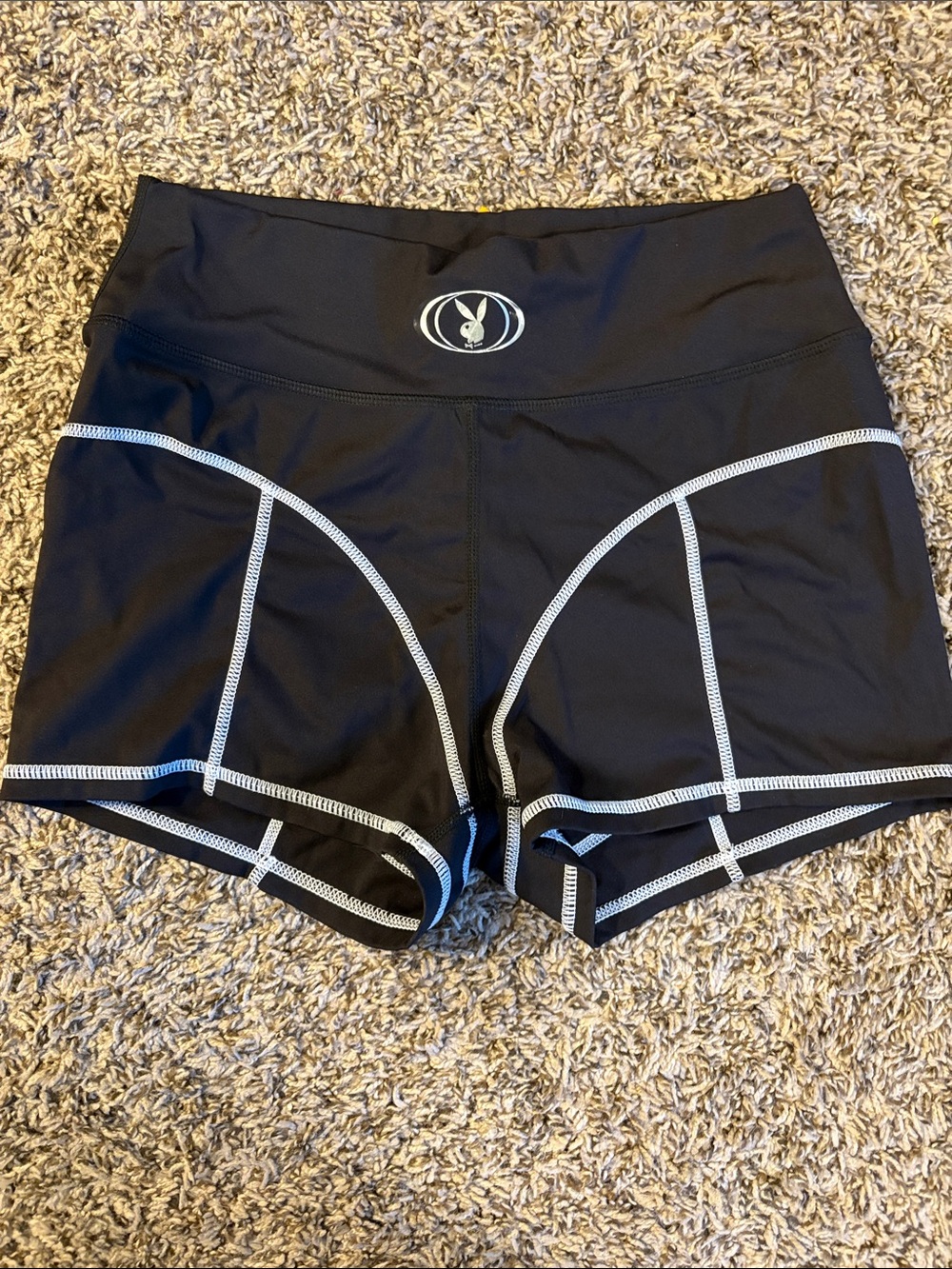 PLAYBOY Black High-Waist Active Bike Shorts with White Contrast Stitching
